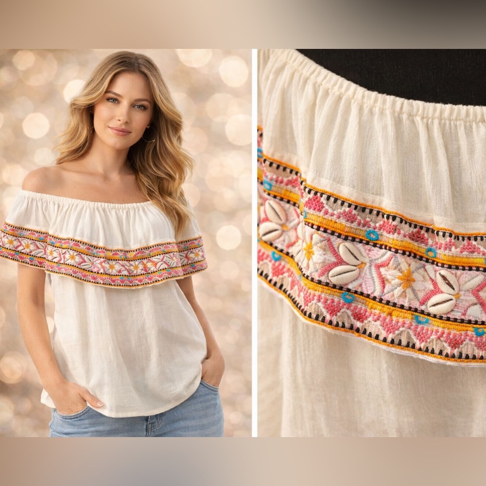 Boston Proper Boho Off Shoulder Embroidered Shell Top L Fits XL NWT Style